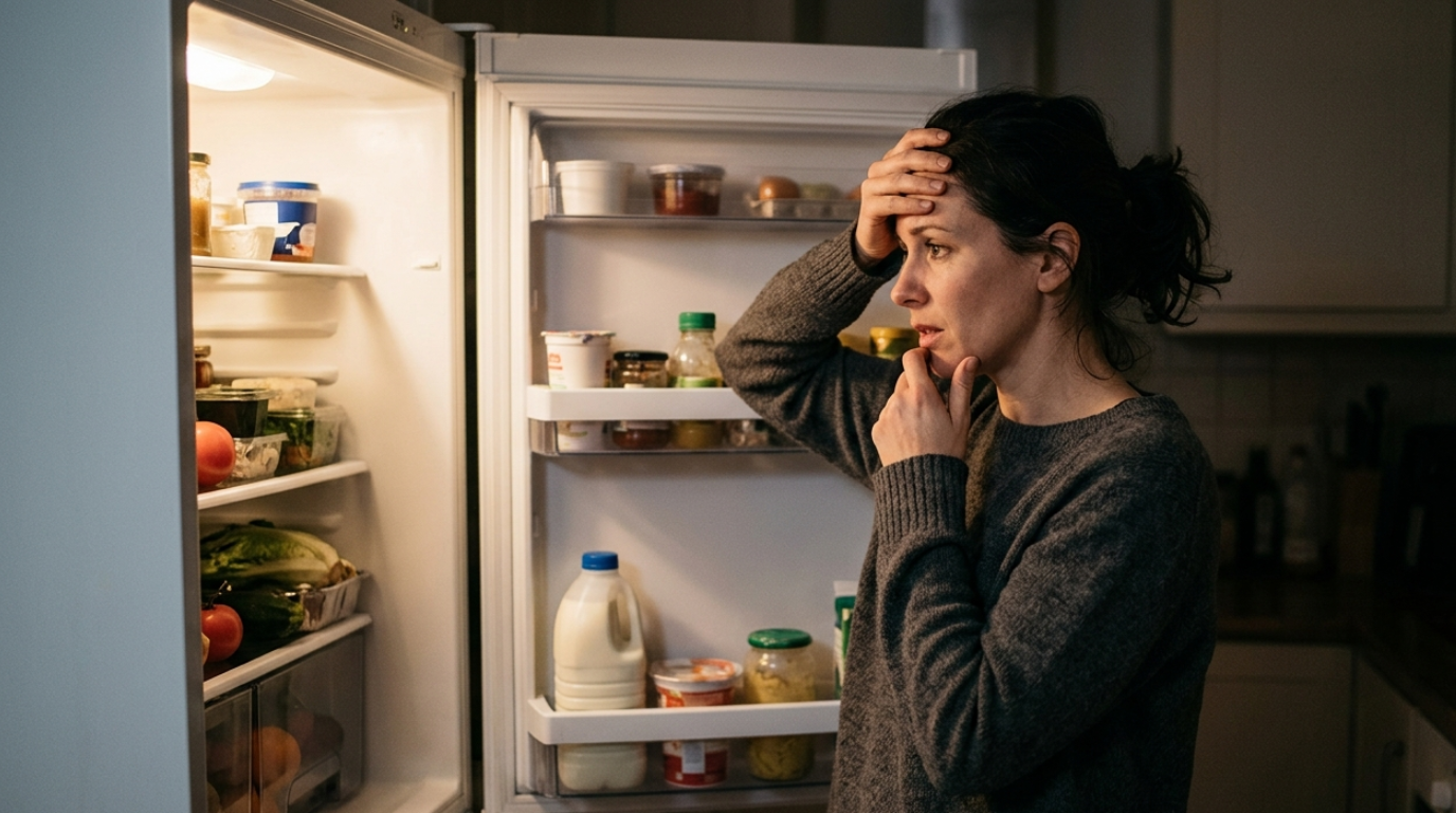 Mulher em crise de compulsão alimentar à noite